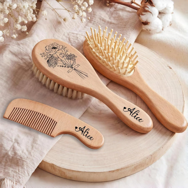 BMVDDFF Customed Baby Hair Brush Set, Wooden Comb Massage Scalp Comb with Name