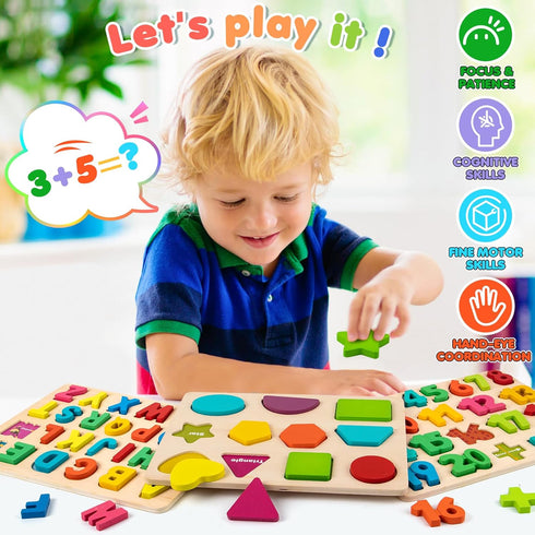 Wooden Puzzles for Toddlers, 3 in 1 Alphabet and Number Shape Puzzle, Educational Learning Toys Set of 3