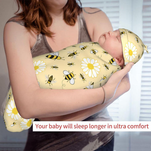 Lcokin Set Cute Bee Baby Stuff Swaddle Blanket with Beanie Hat for Boys and Girls, Soft Daisy Newborn Swaddle Wrap