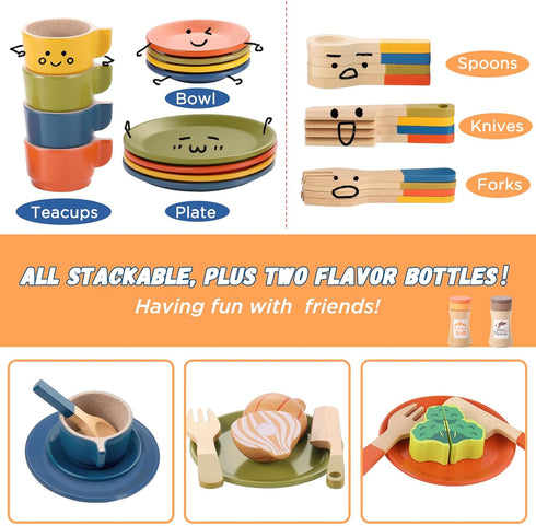 Sets GAGAKU Wooden Play Food for Kids Kitchen, Montessori Wooden Play Food Toys with Plates and Dishes for Toddler Boys