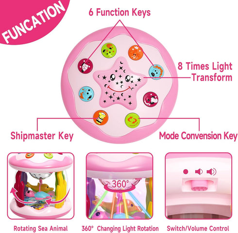 Baby Toys 6 to 12 Months, 4 in 1 Ocaen Rotating Projector, Tummy Time Light Up Musical Toys for 6 7 8 9 12-18 Months, Educational Toys Birthday Gifts for Baby Infants 1 2 Year old Girls(Pink)