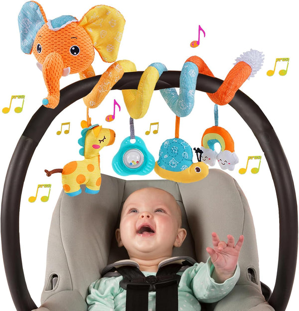 Car Seat Toys for Baby, Spiral Activity Stroller Toys for Infants 0-6 Months, Hanging Crib Toys with Music Box