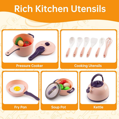 Zero Zoo 60Pcs Set Sets, Kids Mini Play Kitchen Accessories, Pretend Cooking Play with Cookware, Tableware & Fruit