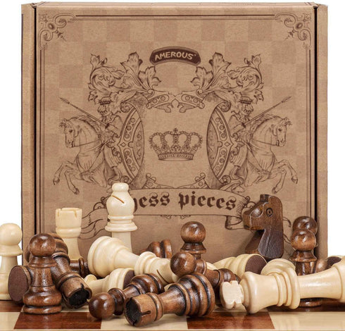 AMEROUS Wooden Chess Pieces Only, Staunton Style Wood Chessmen with 3.15" King, Storage Bag, Gift Packed Box