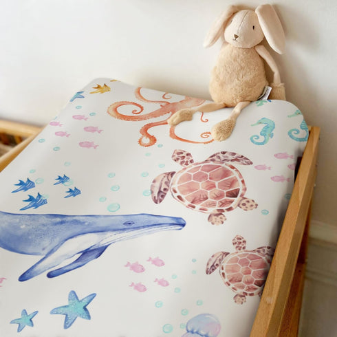 ZoUbqchY 32''16'' Colorful Ocean Animals Changing Pad Covers for Baby Girls Boys Whale Turtle Jellyfish Sea Horse