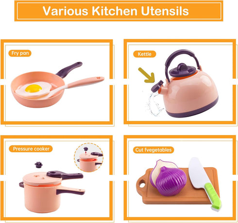 200Pcs Playset 2 Sets, Mini Play Kitchen Accessories for Kids, Pretend Cooking with Cookware, Tableware & Fruit
