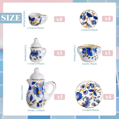 15 Pieces Miniature Porcelain Tea Cup Set, Mini Flower Pattern Teapot, Dollhouse Kitchen Accessories (Retro Flower
