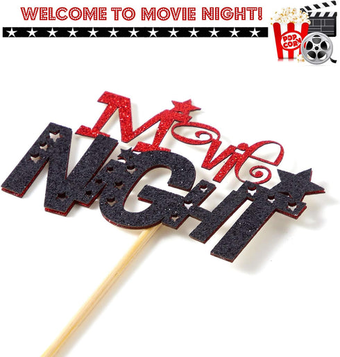 Movie Night Cupcake Toppers Decoration Pack of 24 Glitter Cake Toppers for Birthday Party Baby Shower Theme Supplies