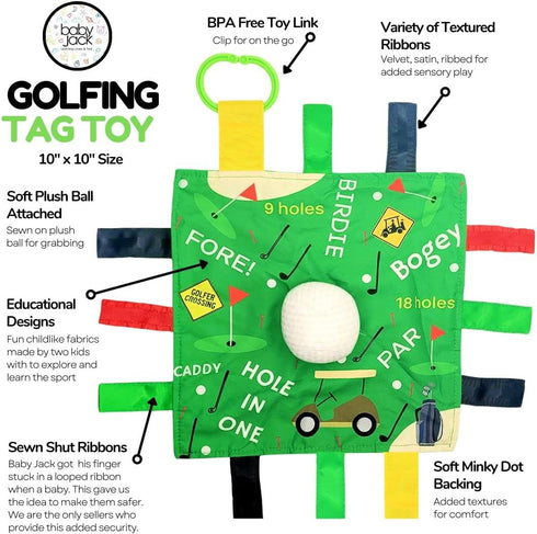 Baby Jack & Co 10x10” Golf Sports Lovey Sensory Plush Blanket - Tag Toys for Babies - Baby Stroller Toys - Learn Shapes, Letters & Colors - Perfect Baby Ball Toy & Baby Sports Gift