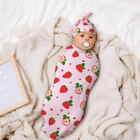 Swaddle Blanket Strawberry Newborn Baby Sleep Sack with Beanie Hat Sets for Boys Girls, Unisex Infant Baby Shower