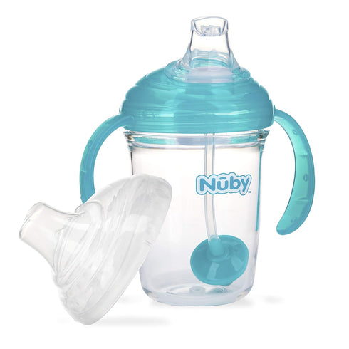 Nuby No Spill 360 Weighted Straw Grip N' Sip Tritan Cup, 8 Oz, Trainer Cup, Teal with Hygienic Cover