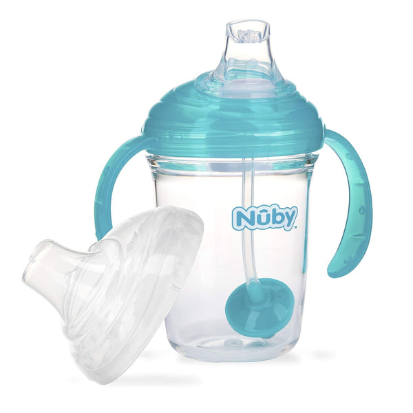 Nuby No Spill 360 Weighted Straw Grip N' Sip Tritan Cup, 8 Oz, Trainer Cup, Teal with Hygienic Cover