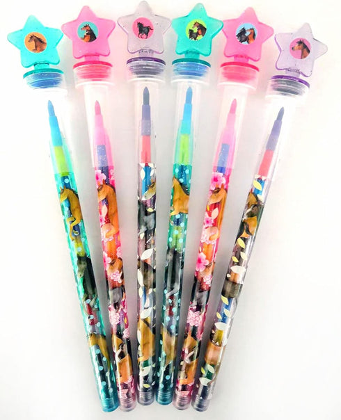 24 2 1 TINYMILLS Pcs Horse Pony in Stackable Stacking Crayon with Extra Stamper Topper, Kids Party Favors, Goodie Bag