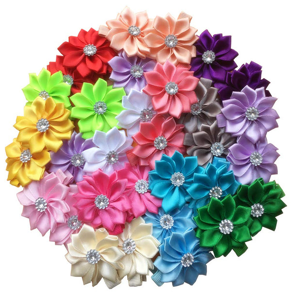 QandSweet 32 Pcs Rhinestone Flower Hair Clips, Safety Barrettes for Toddler Girls, Teens, and Women