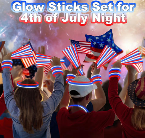 300 Pack 4th of July Glow Sticks Party Favors with Connectors, Patriotic Red White Blue Glow Accessories for