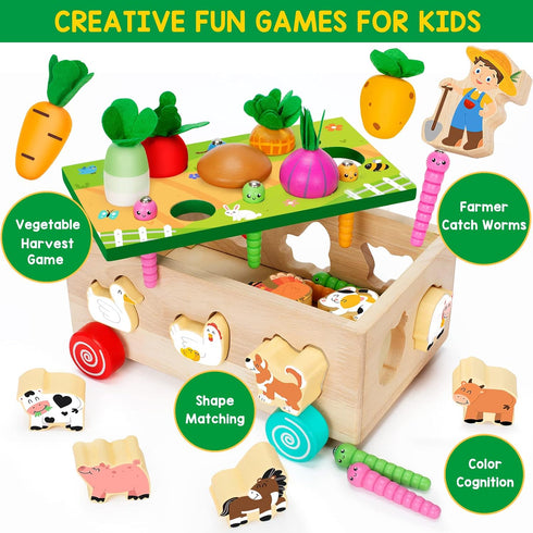 Toddlers Montessori Toys for 2,3,4 Year Old Baby Boys and Girls, Educational Wooden Shape Sorting Toys with Vegetables & Farm Animals Blocks, Fine Motor Skills Game, Ideal Gift for Kids Age 1-3