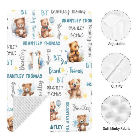 Novusopt Personalized Baby Car Seat Cover Winter Custom Minky Carseat Cover Boy Girls with Name Bear Carseat Canopy