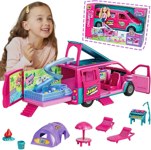 Doll Camper Van Playset for Girls, Portable Doll Car Play with Doll Furniture, Pool & Accessories