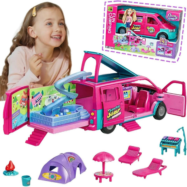 Doll Camper Van Playset for Girls, Portable Doll Car Play with Doll Furniture, Pool & Accessories
