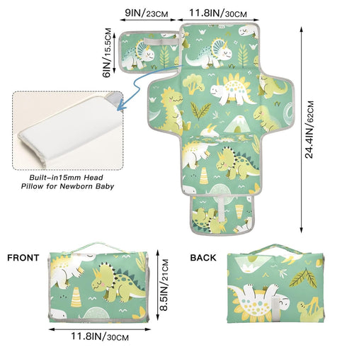 WELLDAY Cute Dinosaurs Portable Diaper Changing Pad - Waterproof Foldable Baby Diaper Changing Pad with Built