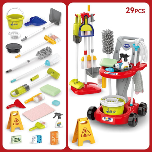 Toddler Cleaning Set | New 29-Piece Detachable Kids Cleaning Toy Set for Pretend Play Educational Cleaning Carts (Red)