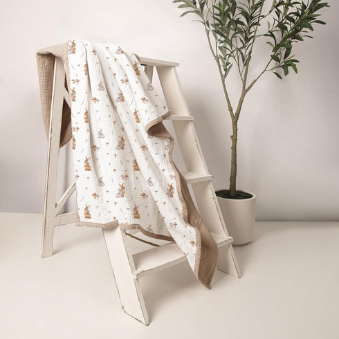 4-Layer 47"x47" lulumoon Muslin Baby Blanket Neutral: Soft Cotton Toddler Blanket for Daycare with Bunny- Ideal