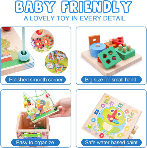 1 2 3 1st 12+ Wooden Activity Cube | Montessori Toys for Year Old Toddlers | One Year Old First Birthday Gift |