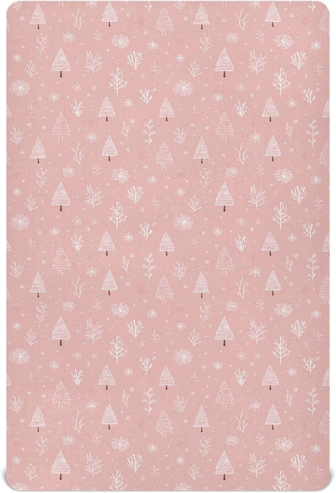 Sheet,52x28IN Pfrewn Christmas Crib Sheets for Boys Girls Pine Tree Branches Snowflakes on Pink Fitted Crib Sheet Fits