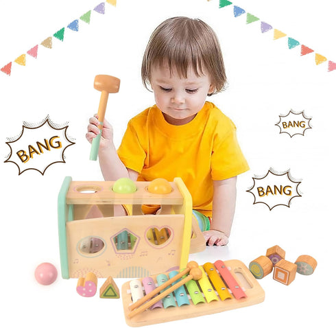 Hammering 3 Pounding Toys Wooden Educational Toy Xylophone Shape Sorter, Birthday Gift for Years Boys Girls Baby