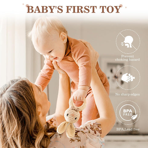 Wooden Baby Rattle 3 PCS Push Car Rattle Set, Crochet Rattle Ring Montessori Toy for Newborn Gifts