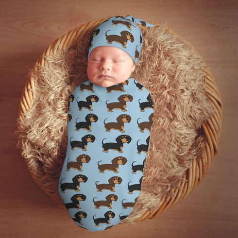 Set KiuLoam Cartoon Funny Cute Dachshunds Dog Newborn Swaddle Blanket with Hat Soft Baby Receiving Blankets Baby