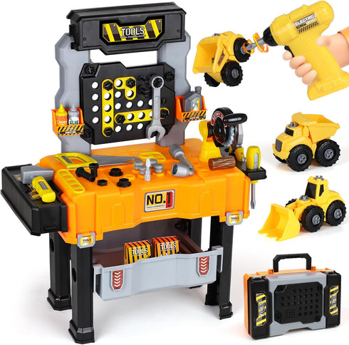 Lehoo Castle Kids Tool Bench with Electric Drill and Construction Vehicles, 2-in-1
