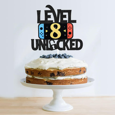 Level 8 Unlocked Game Birthday Cake Topper - Video Game Boy's 8th Birthday Party Supplies - Game On Decoration