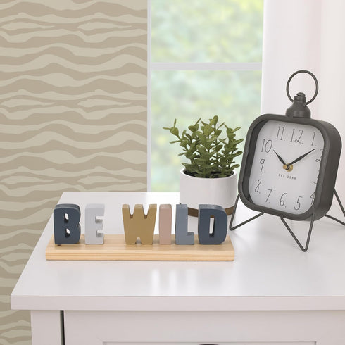 Be Wild Shelfie Decor with Blue, Gray, Gold & Cream Letters on Natural Wood Base