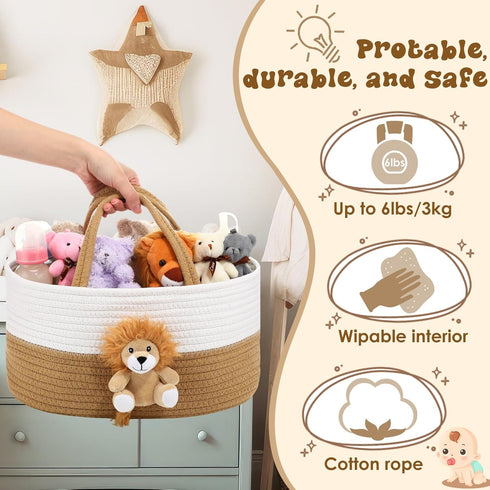FoldTier Lion Baby Diaper Caddy Organizer Cotton Rope Nursery Storage Bin Basket Baby Shower Basket Gift Portable