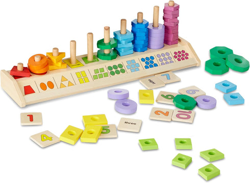 Melissa & Doug Counting Shape Stacker, Wooden Educational Toy with 55 Shapes and 10 Number Tiles for Kids