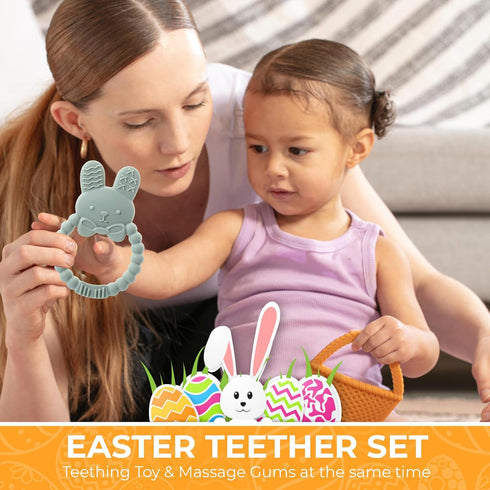 Set, Easter Bunny Teether Bunny, Carrot, Chicken, Rattle Egg & Easter Basket Baby Teething Toys Easter Teethers Toys