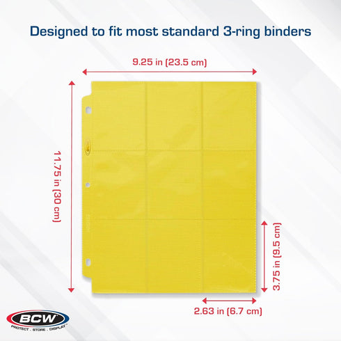 BCW Double-Sided 9-Pocket Pages Holder, 20 Yellow Pages for Trading Card Binder, Secure Side Loading Solution
