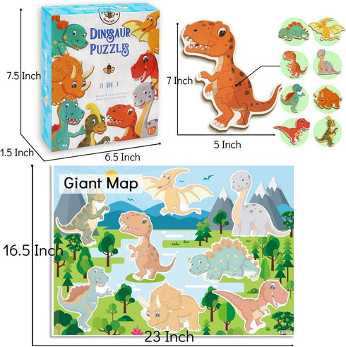 BEESTECH Beginner Dinosaur Puzzles, 8 Pack Educational Jigsaw Puzzles for 2-4 Year Old Toddlers with Dinosaur World Map