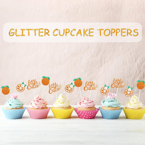 Zonon 48 Pieces Little Cutie Glitter Cupcake Toppers - Baby Shower Decorations - Tangerine Theme Citrus Cake Topper