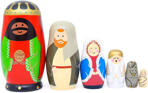 Nesting Doll Holy Family - The Nativity Family Wooden Nesting Dolls Matryoshka Figurines - Set of 5 Dolls (Brown)