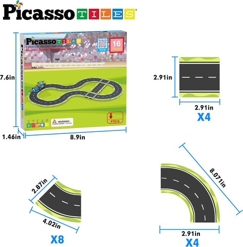 PicassoTiles Magnet Tile Car Track Adventure Theme, Printed Street Road Runway Magnetic Building Tiles Block Set for