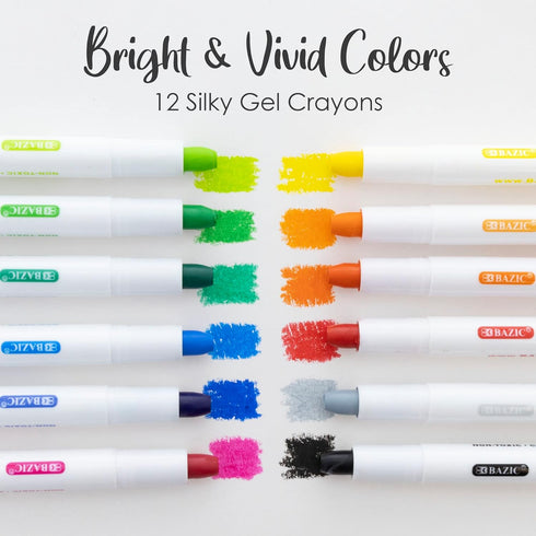 12 (12/Pack), 2-Packs BAZIC PRODUCTS Silky Gel Crayons Color, Washable Blendable Non Toxic Watercolor Crayon