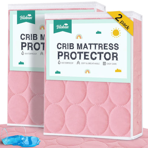 Biloban Crib Mattress Protector 2 Pack, Waterproof, Quilted, Absorbent, Noiseless, 52" x