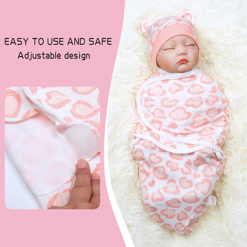 Reborn Baby Dolls Clothes - Pink Heart Swaddle Blanket & Hat Set for 17-22 Inch Dolls