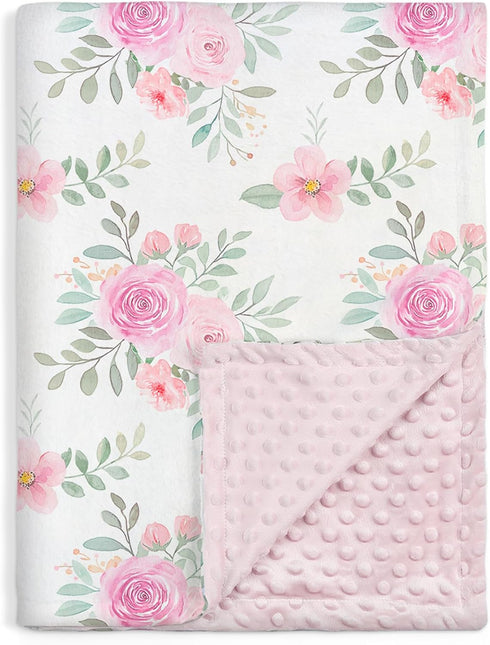 Floral Minky Baby Blanket 30 x 40 Inches for Girls, Soft Plush