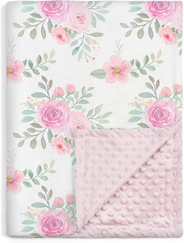Floral Minky Baby Blanket 30 x 40 Inches for Girls, Soft Plush