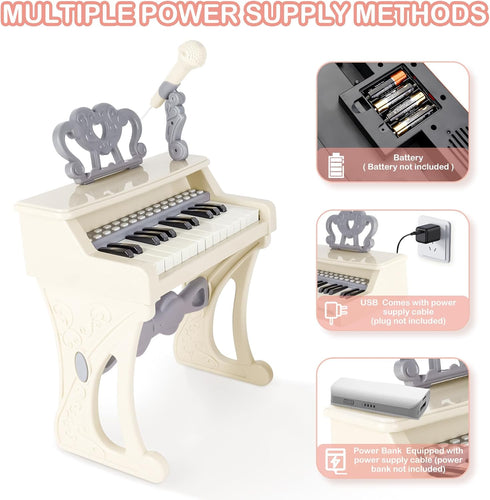 deAO Piano Toy Keyboard for Kids, 25 Keys Music Instrument with Microphone, Birthday Gift for Girls, White