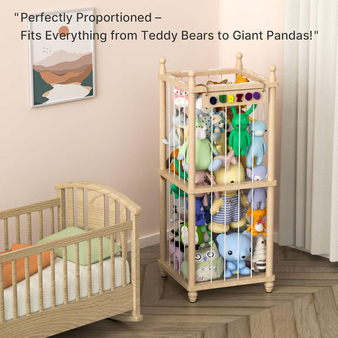 40" 3D Stuffed Animal Storage Zoo, Tall Solid Pine Wood Toy Organizer with Exclusive Sign, Large Vertical Plushie Cage