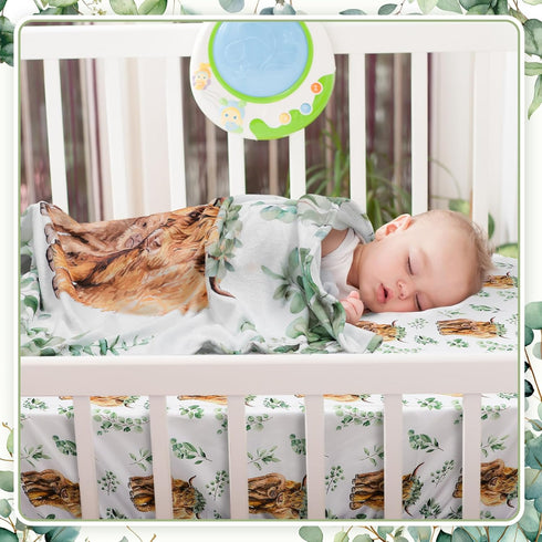 HunnmingRe Set 3 Set Baby Highland Cow Crib Bedding Pcs Crib Baby Blanket, Fitted Sheet, Pillowcase Soft Flannel